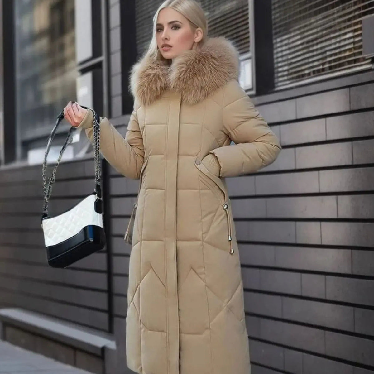 Lily | Women's Long Hooded Faux Fur Trim Quilted Coat with Longline for Winter