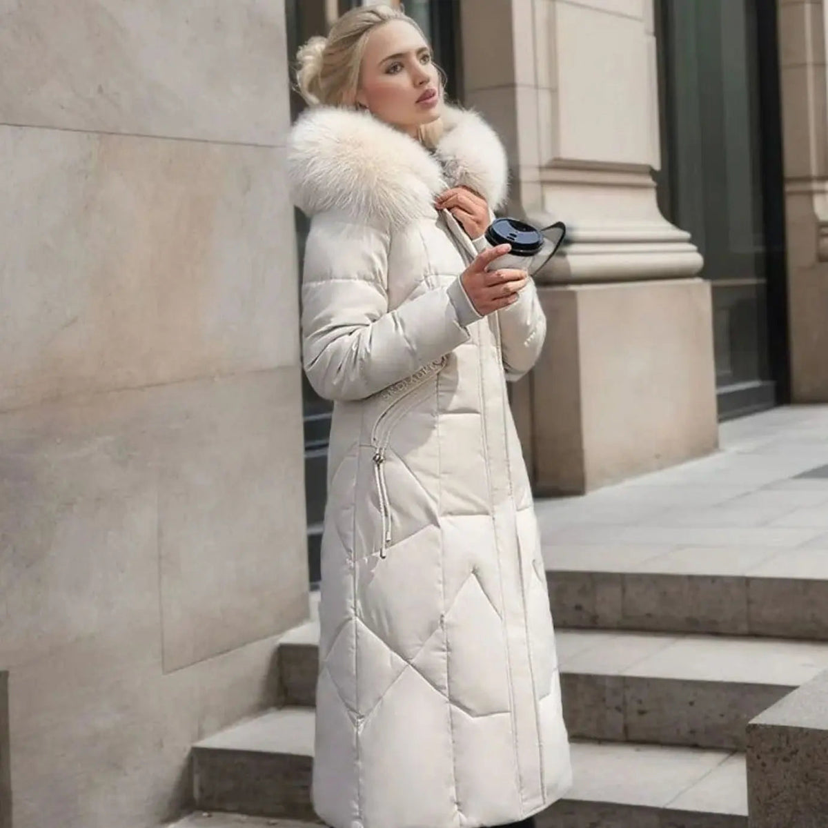 Lily | Women's Long Hooded Faux Fur Trim Quilted Coat with Longline for Winter
