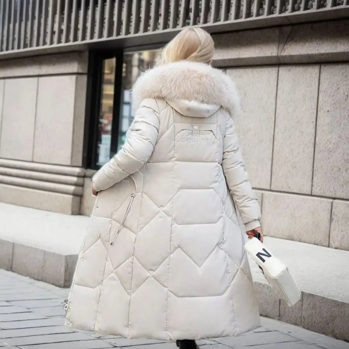 Lily | Women's Long Hooded Faux Fur Trim Quilted Coat with Longline for Winter