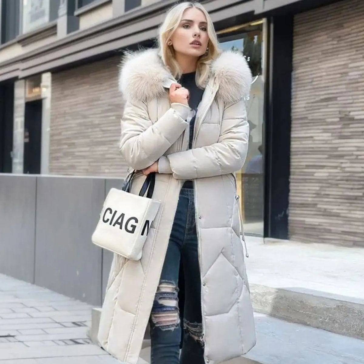 Lily | Women's Long Hooded Faux Fur Trim Quilted Coat with Longline for Winter