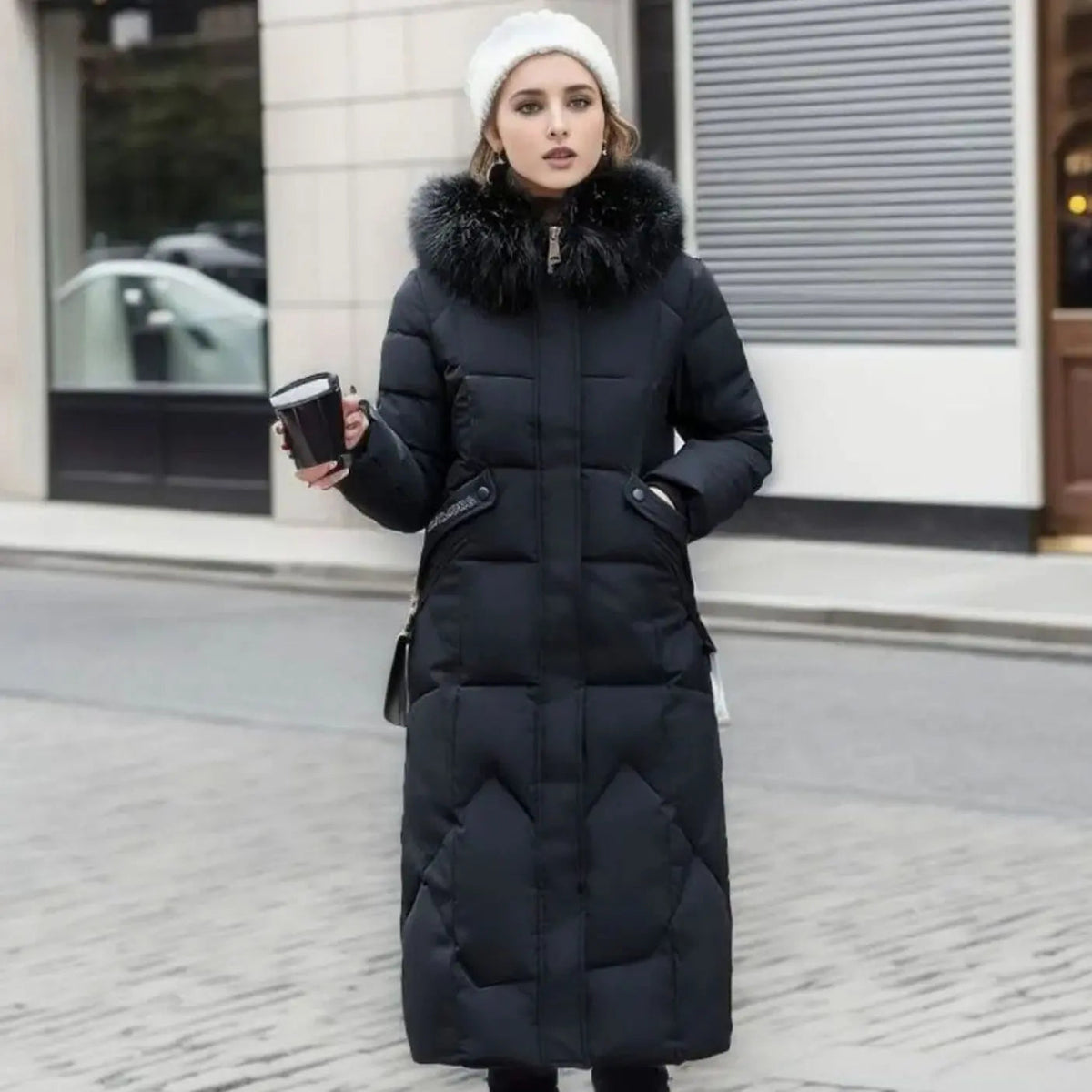 Lily | Women's Long Hooded Faux Fur Trim Quilted Coat with Longline for Winter