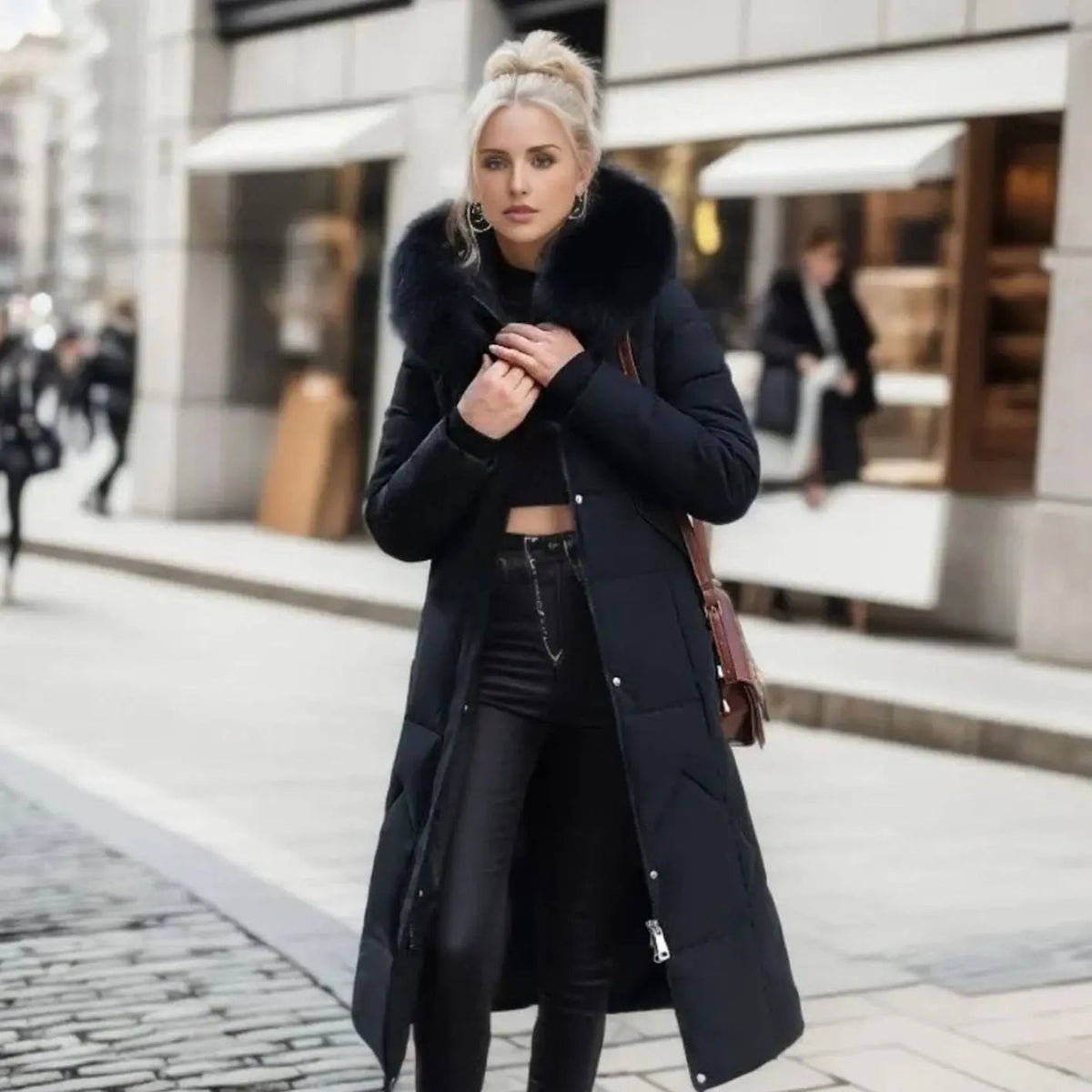 Lily | Women's Long Hooded Faux Fur Trim Quilted Coat with Longline for Winter