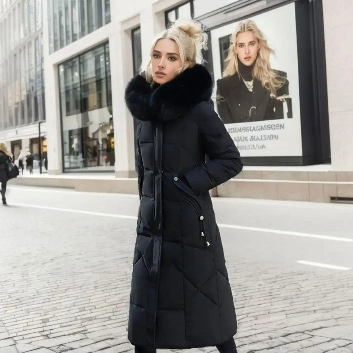 Lily | Women's Long Hooded Faux Fur Trim Quilted Coat with Longline for Winter