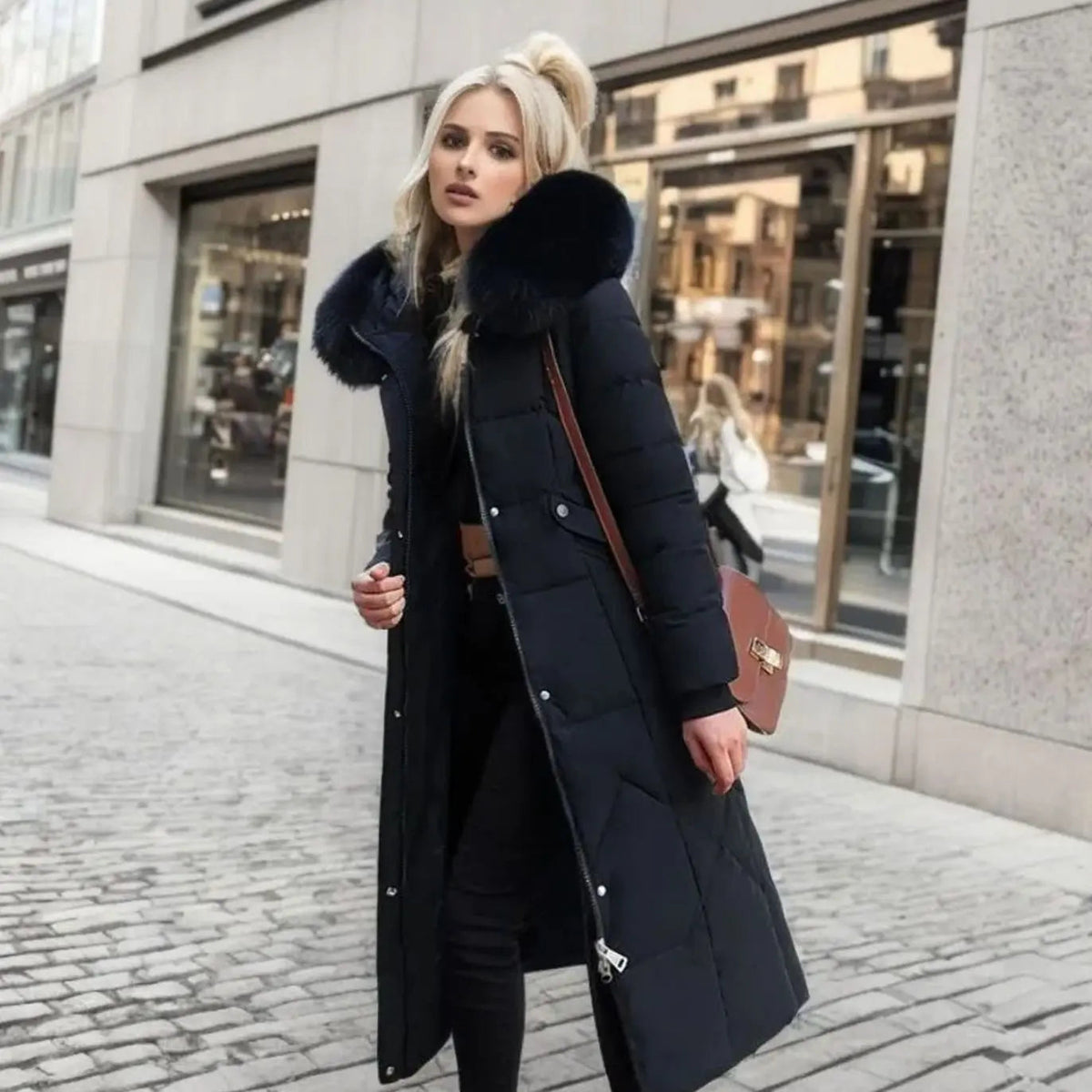 Lily | Women's Long Hooded Faux Fur Trim Quilted Coat with Longline for Winter
