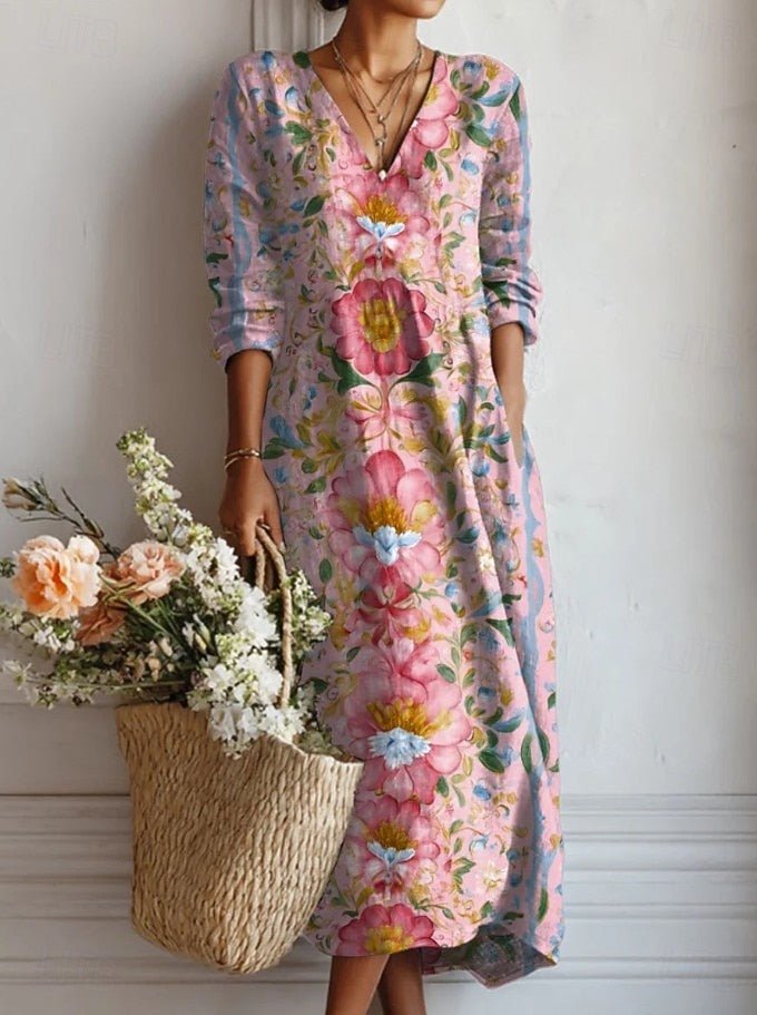Sanne | Women's Long Sleeve V Neck Floral Midi Dress Gown for Formal