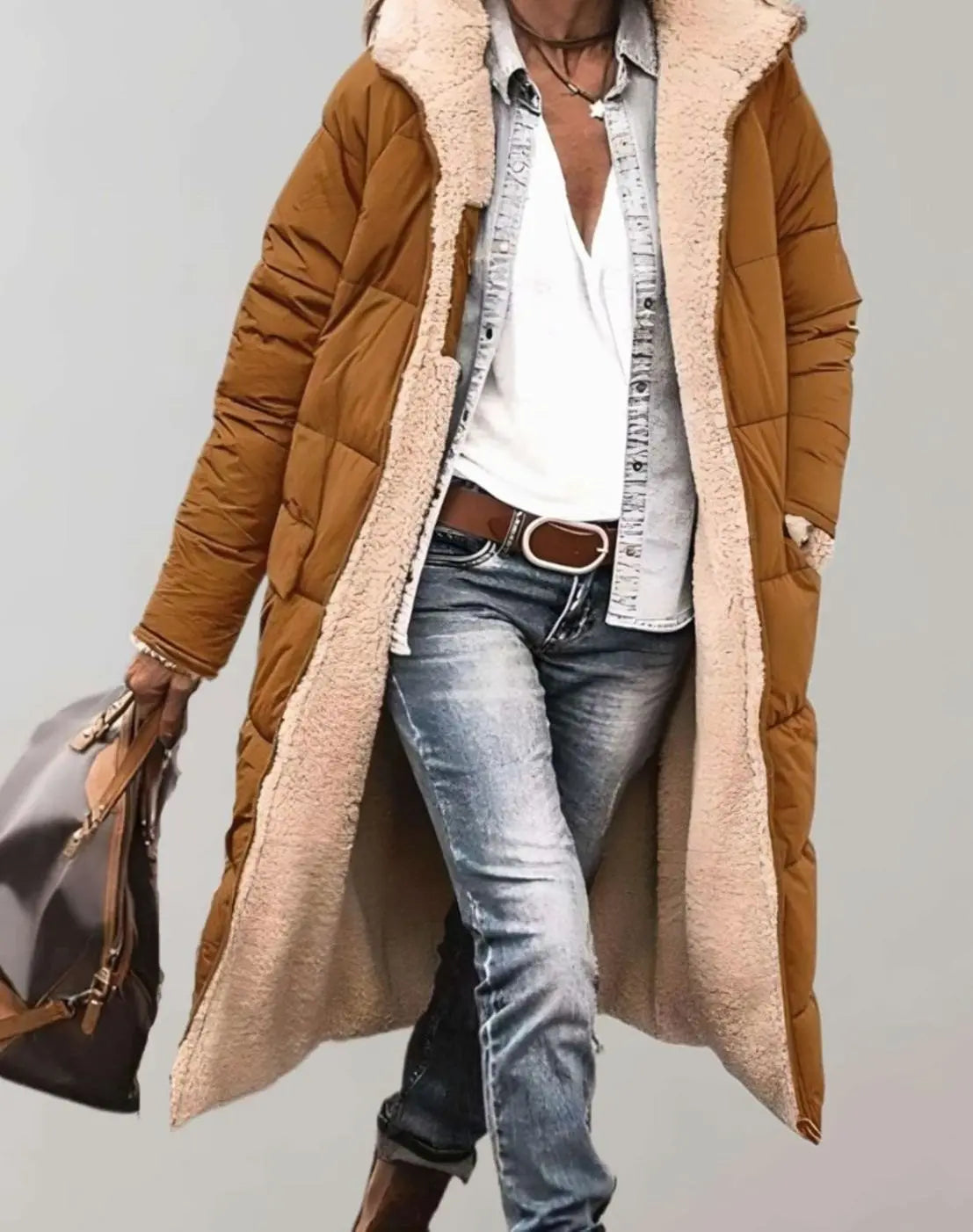Anouk | Women's Longline Fleece Lined Hooded Quilted Coat with Denim for Winter