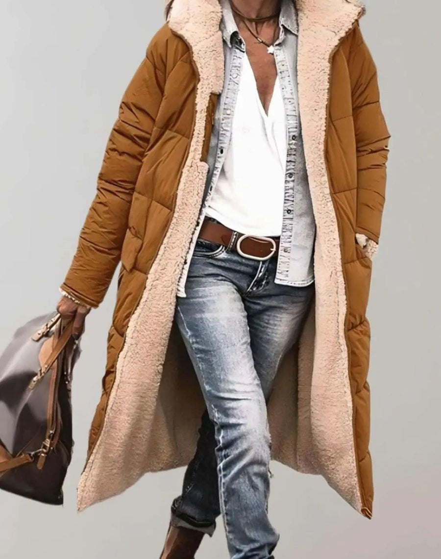Anouk | Women's Longline Fleece Lined Hooded Quilted Coat with Denim for Winter