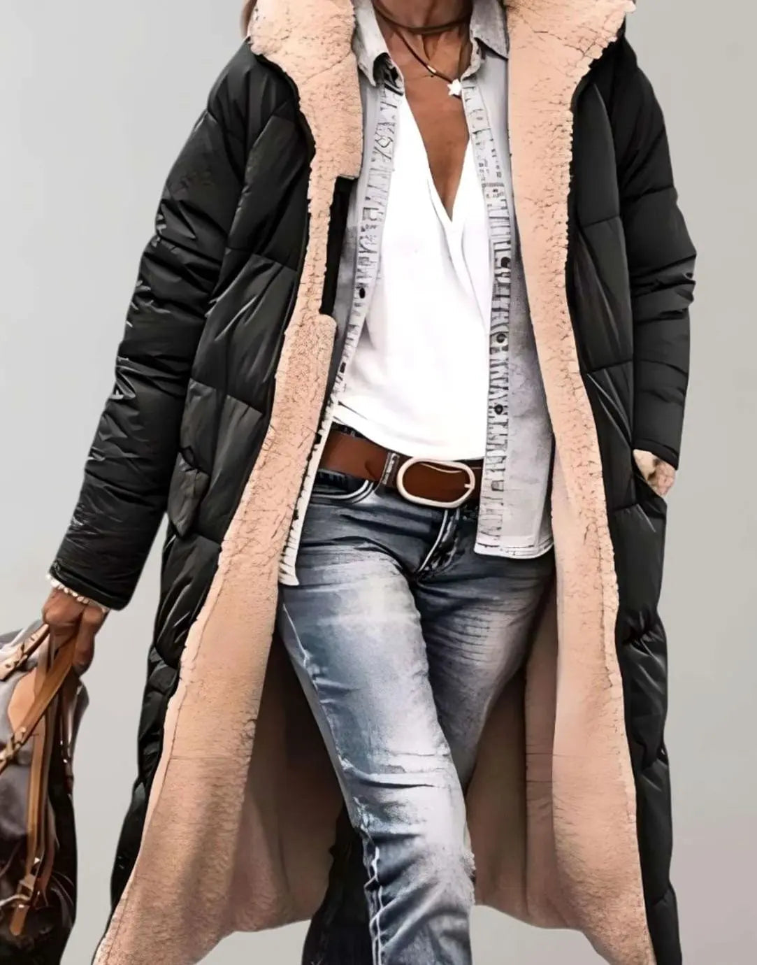 Anouk | Women's Longline Fleece Lined Hooded Quilted Coat with Denim for Winter