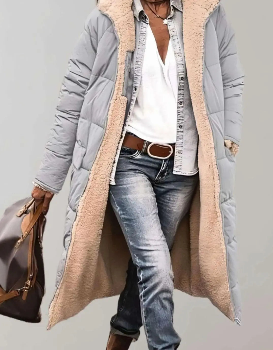 Anouk | Women's Longline Fleece Lined Hooded Quilted Coat with Denim for Winter
