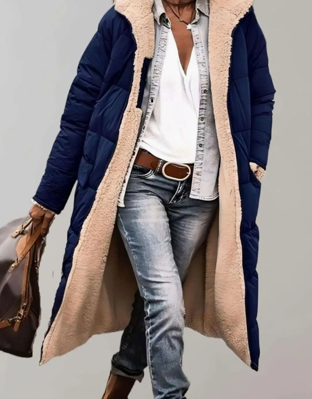 Anouk | Women's Longline Fleece Lined Hooded Quilted Coat with Denim for Winter