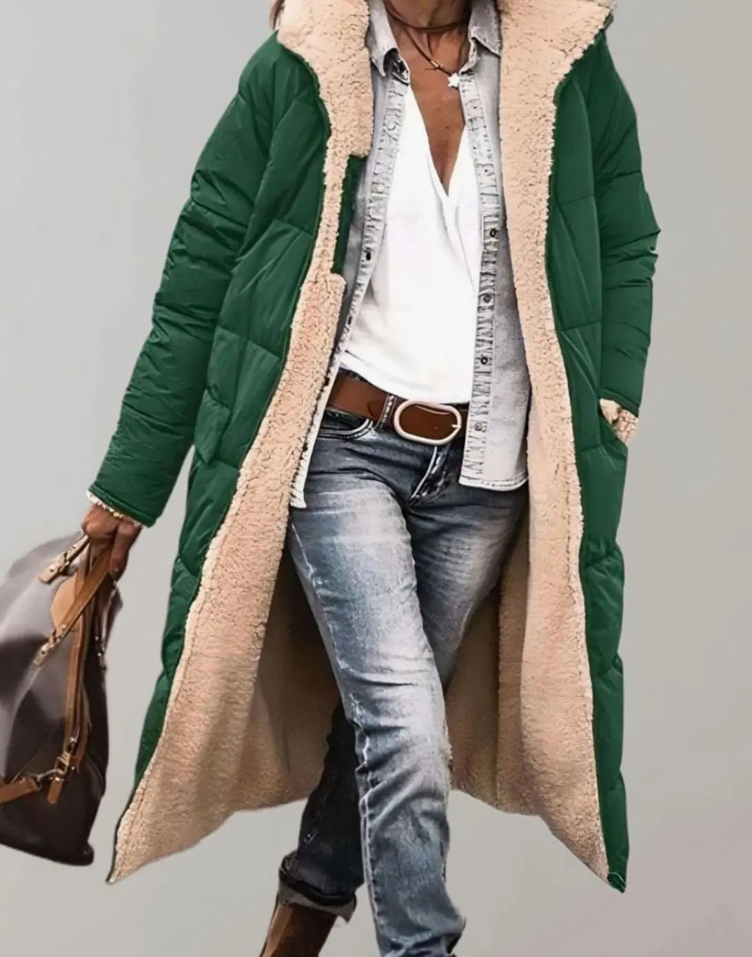 Anouk | Women's Longline Fleece Lined Hooded Quilted Coat with Denim for Winter