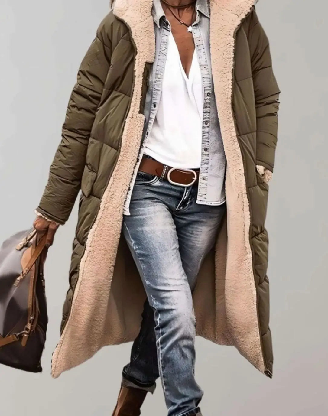 Anouk | Women's Longline Fleece Lined Hooded Quilted Coat with Denim for Winter