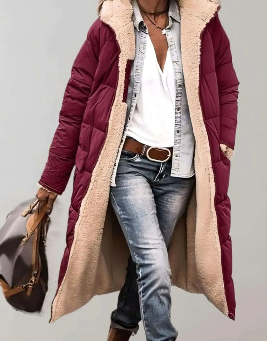 Anouk | Women's Longline Fleece Lined Hooded Quilted Coat with Denim for Winter