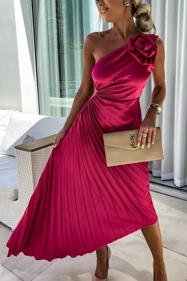 Maud | Women's One Shoulder Pleated Maxi Dress with Floral Detail Gown for Cocktail