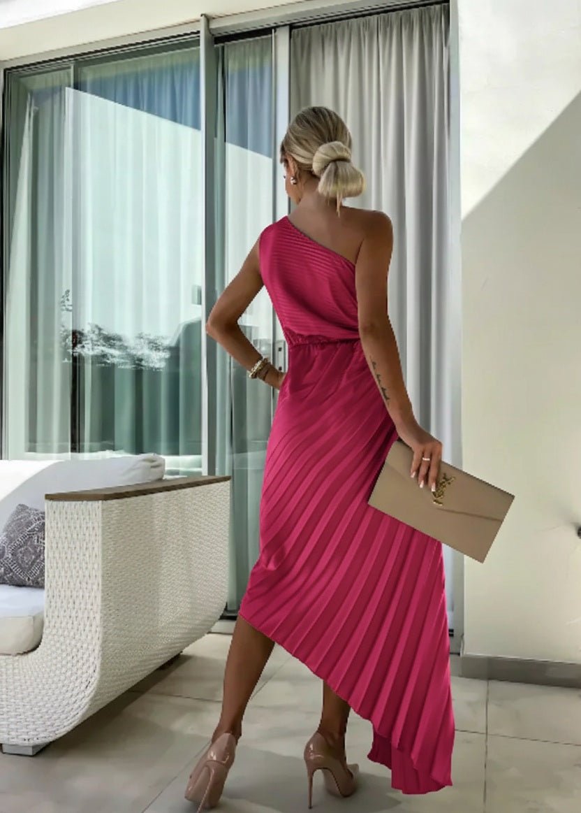 Maud | Women's One Shoulder Pleated Maxi Dress with Floral Detail Gown for Cocktail