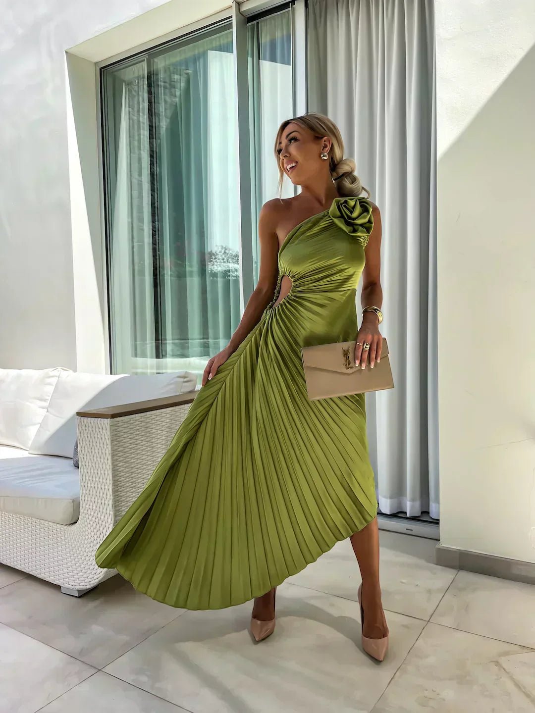 Maud | Women's One Shoulder Pleated Maxi Dress with Floral Detail Gown for Cocktail