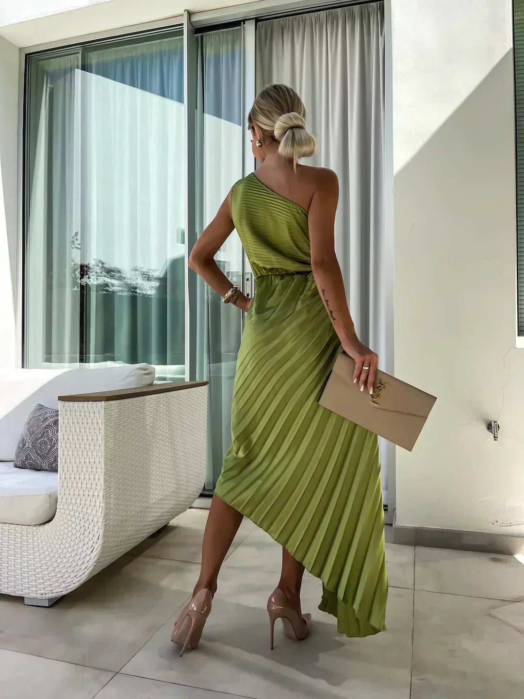 Maud | Women's One Shoulder Pleated Maxi Dress with Floral Detail Gown for Cocktail