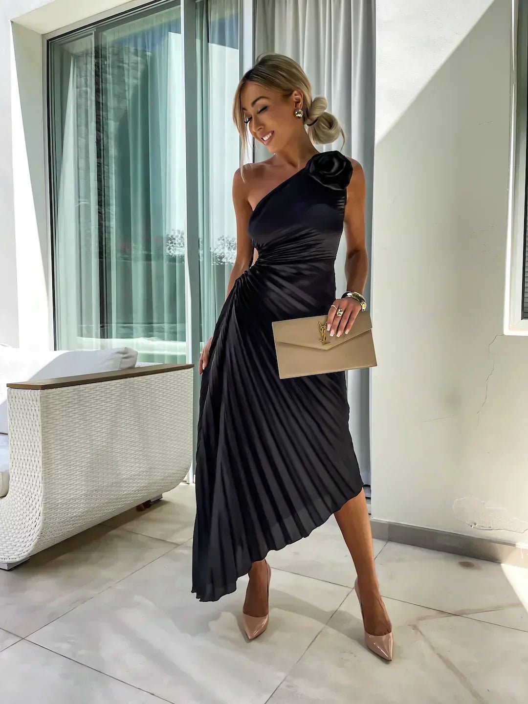 Maud | Women's One Shoulder Pleated Maxi Dress with Floral Detail Gown for Cocktail
