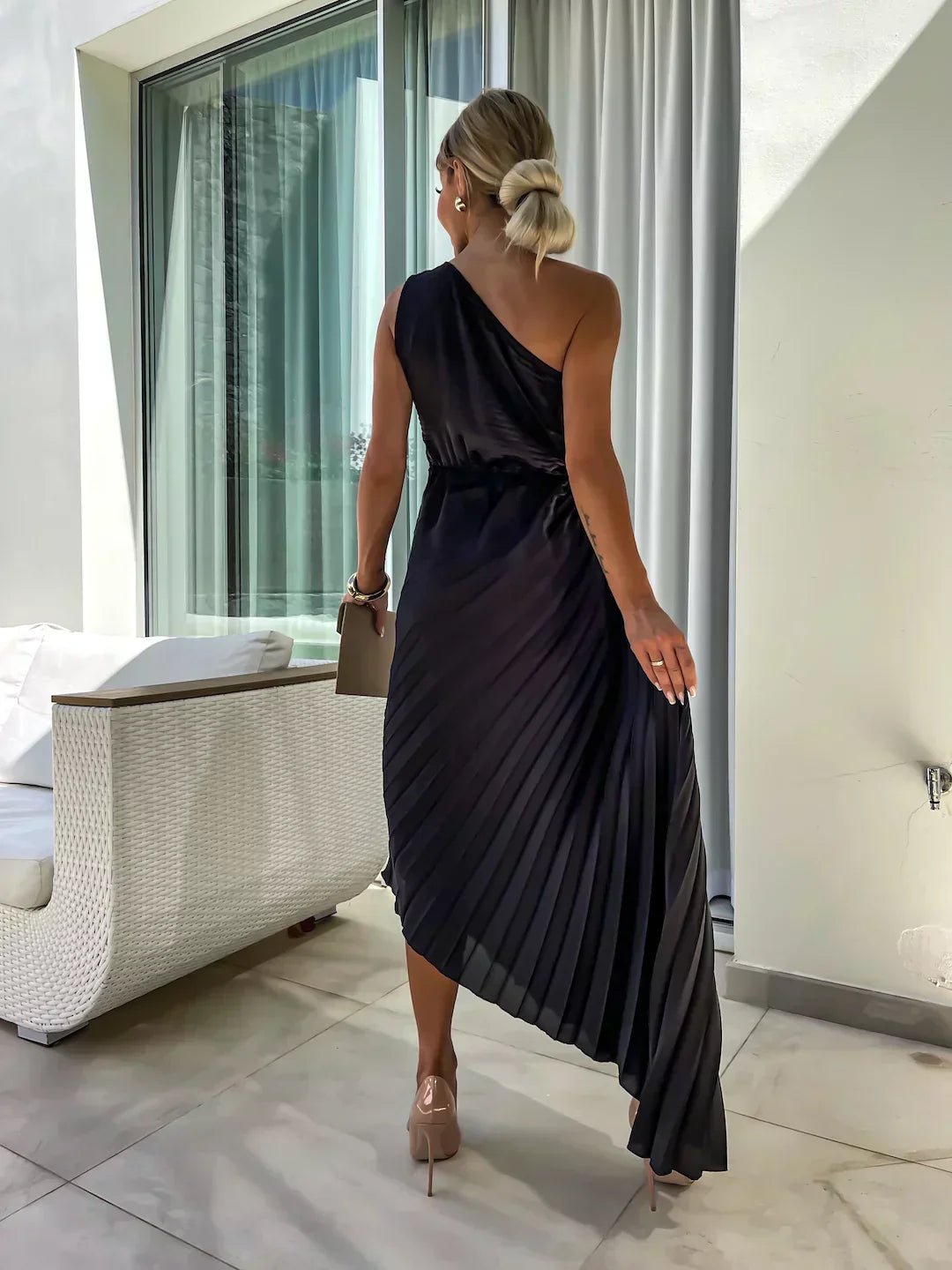 Maud | Women's One Shoulder Pleated Maxi Dress with Floral Detail Gown for Cocktail