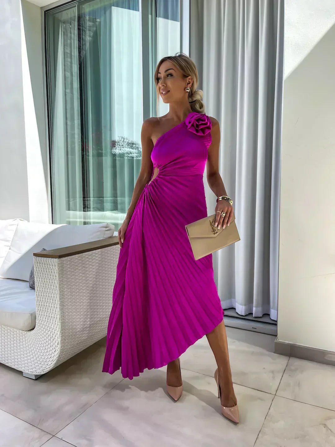 Maud | Women's One Shoulder Pleated Maxi Dress with Floral Detail Gown for Cocktail