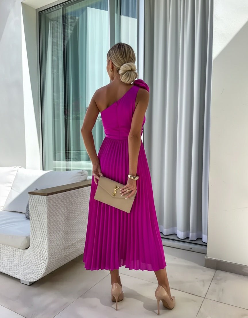 Maud | Women's One Shoulder Pleated Maxi Dress with Floral Detail Gown for Cocktail