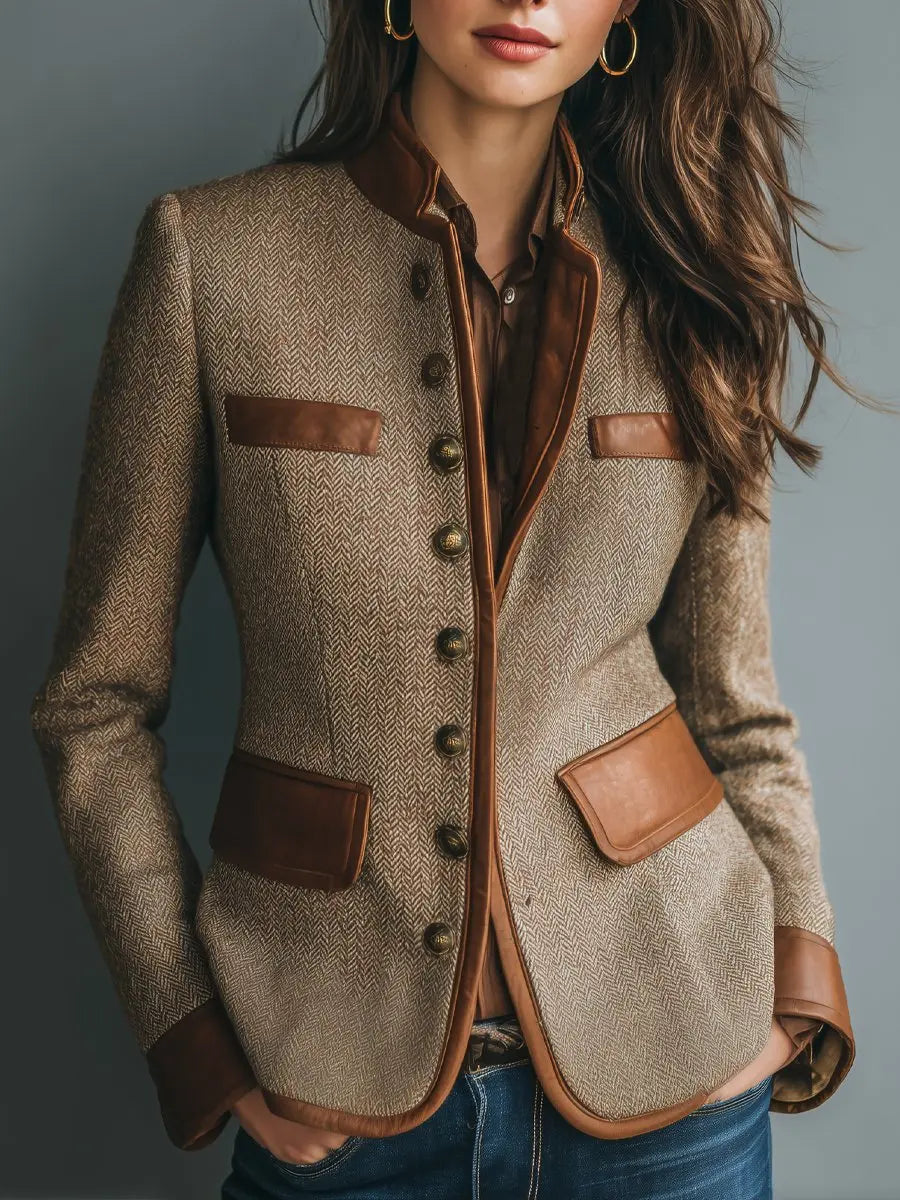 Emily | Women's Quilted Jacket Herringbone Tweed Leather Trim Button Up Blazer