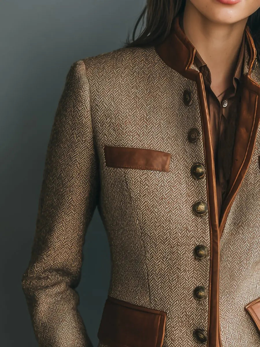 Emily | Women's Quilted Jacket Herringbone Tweed Leather Trim Button Up Blazer