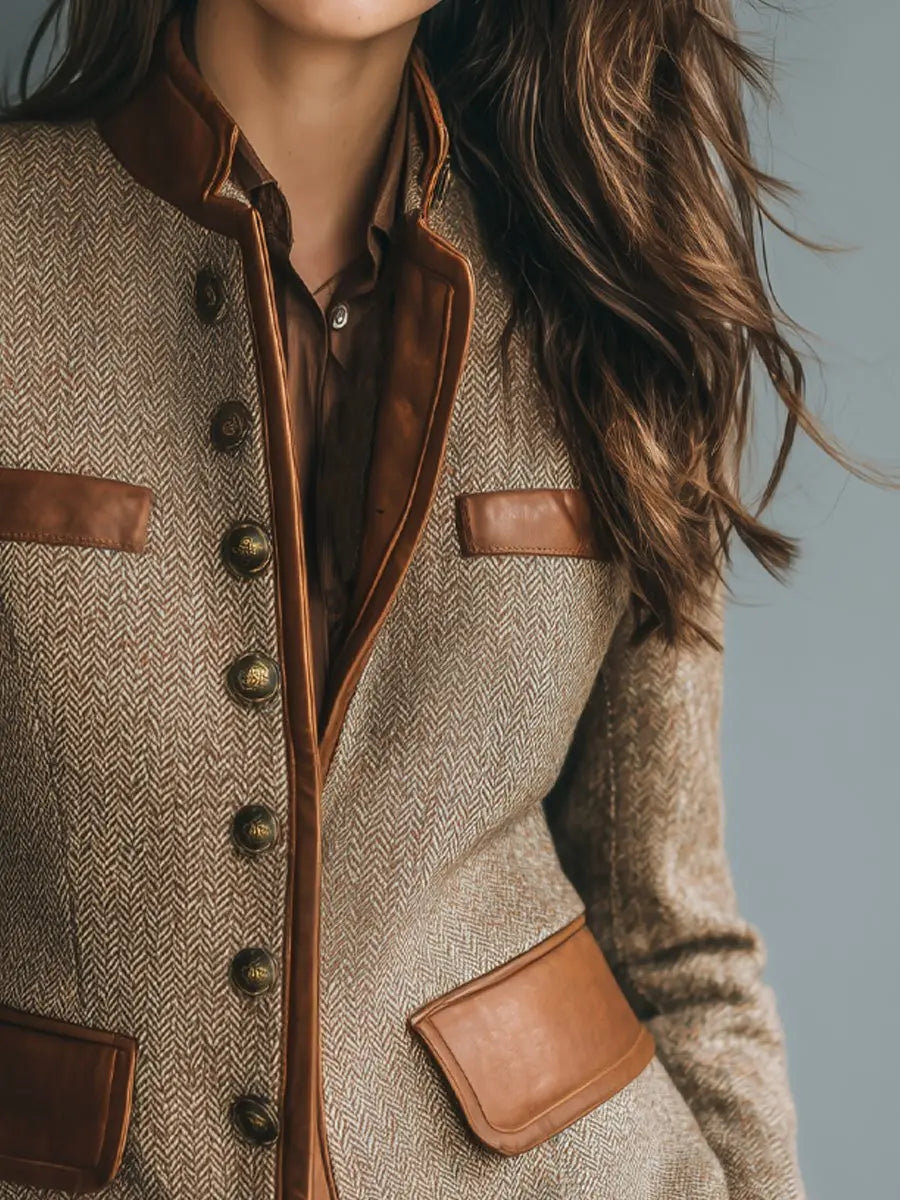 Emily | Women's Quilted Jacket Herringbone Tweed Leather Trim Button Up Blazer