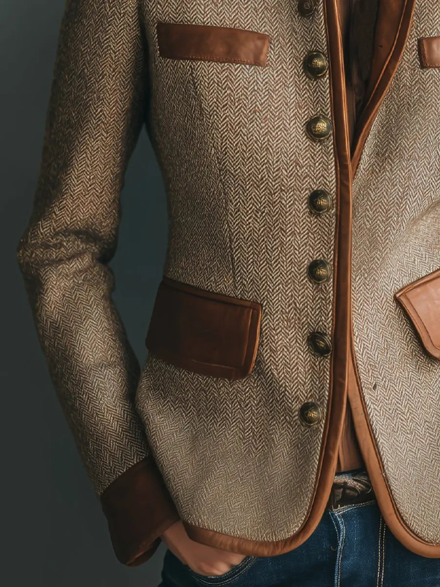 Emily | Women's Quilted Jacket Herringbone Tweed Leather Trim Button Up Blazer