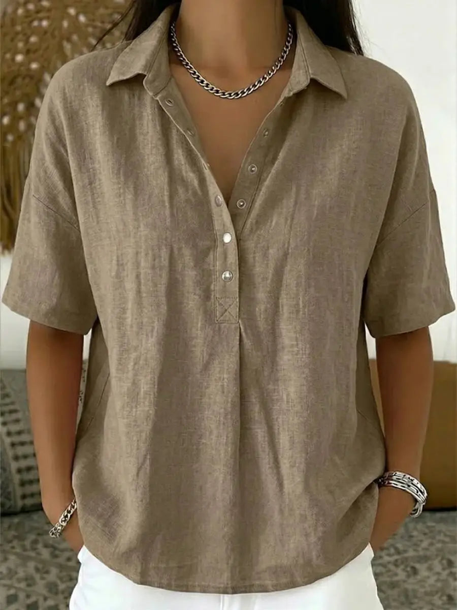 Femke | Women's Short Sleeve Collared Linen Shirt with Casual for Office