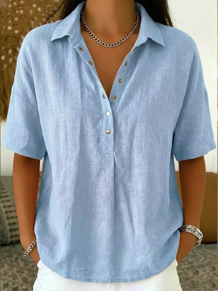 Femke | Women's Short Sleeve Collared Linen Shirt with Casual for Office