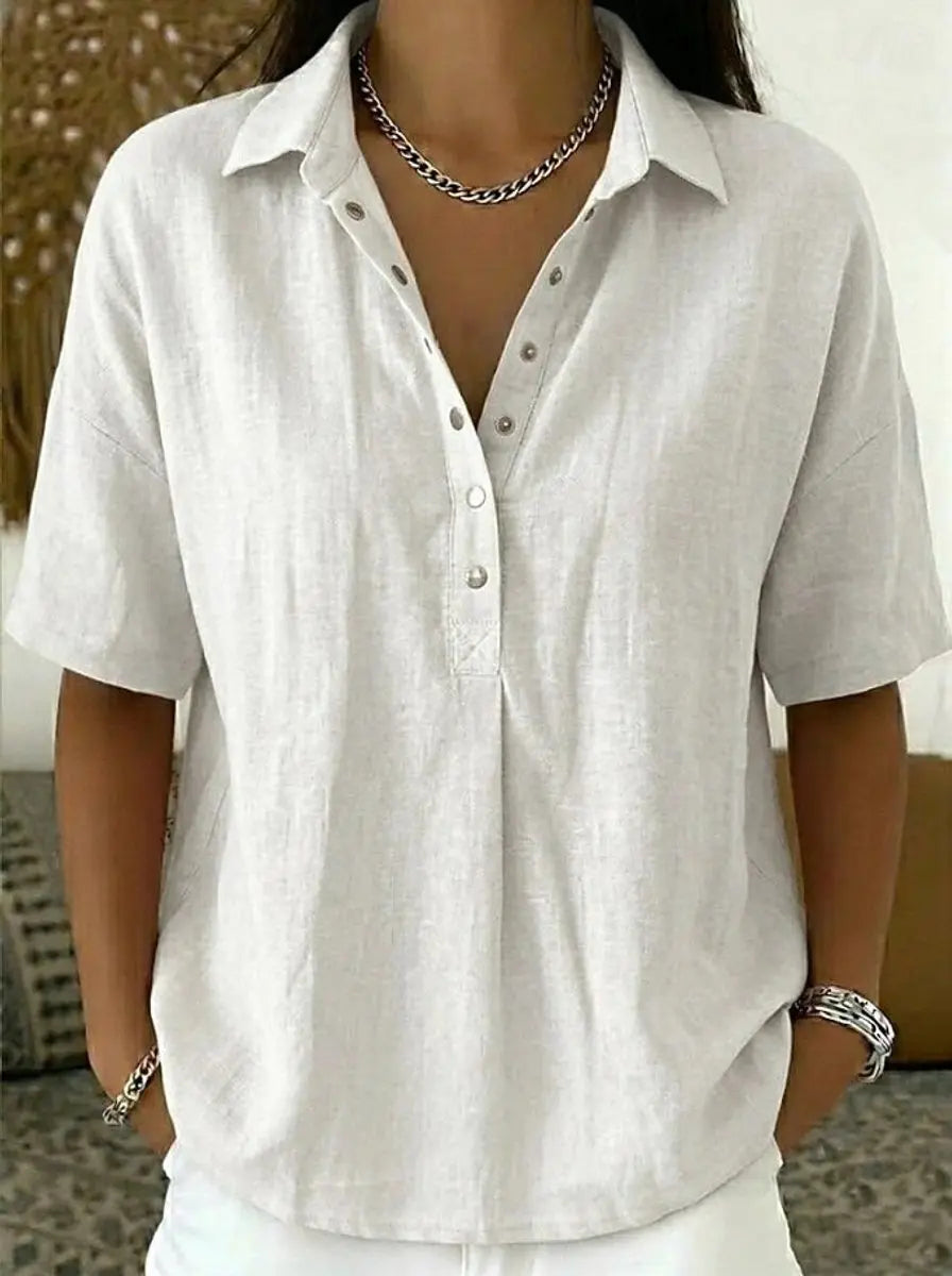 Femke | Women's Short Sleeve Collared Linen Shirt with Casual for Office