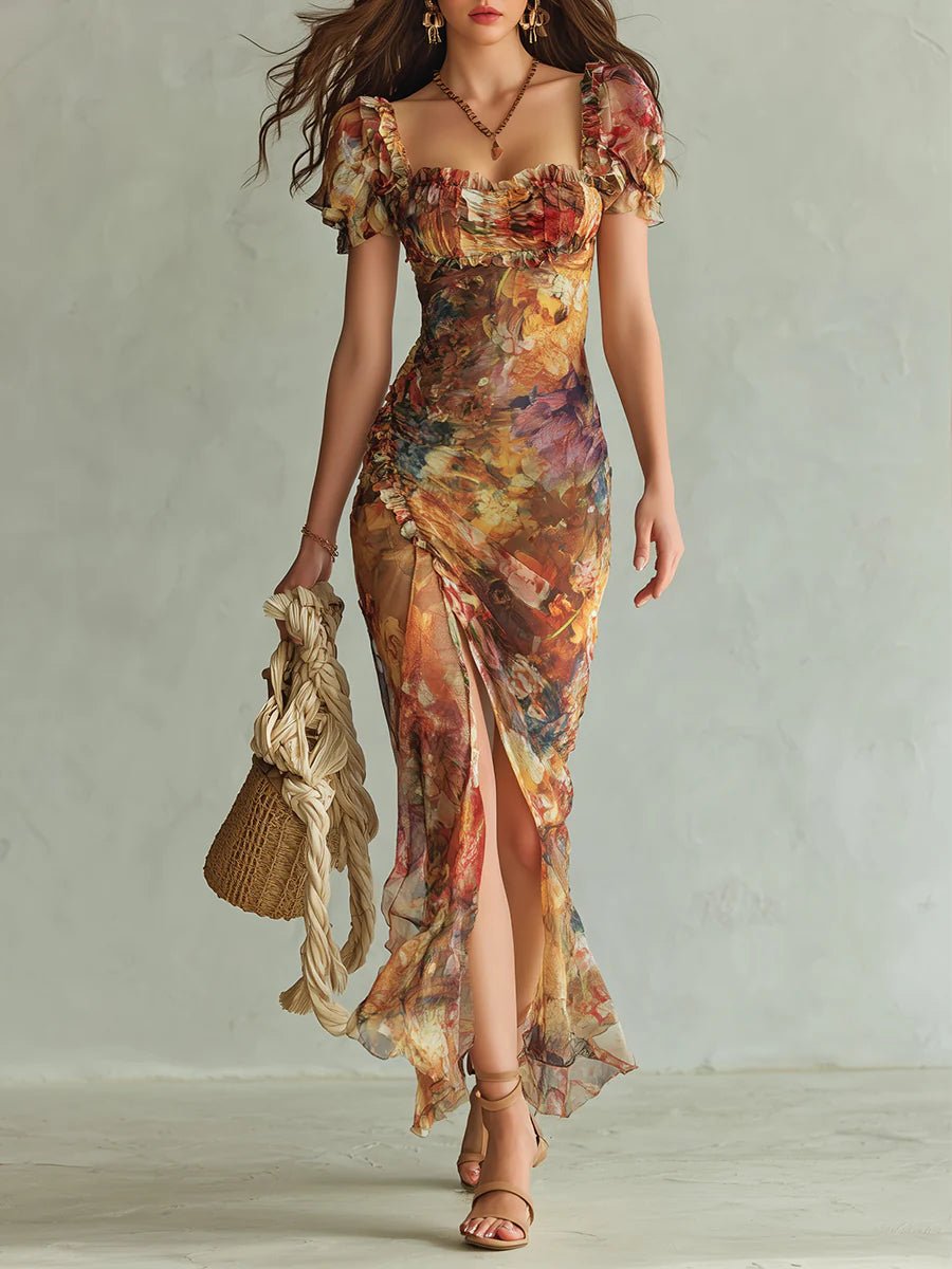 Ella | Women's Ruffle Sweetheart Chiffon Boho Maxi Dress Gown with Ruched Floral for Wedding Guest