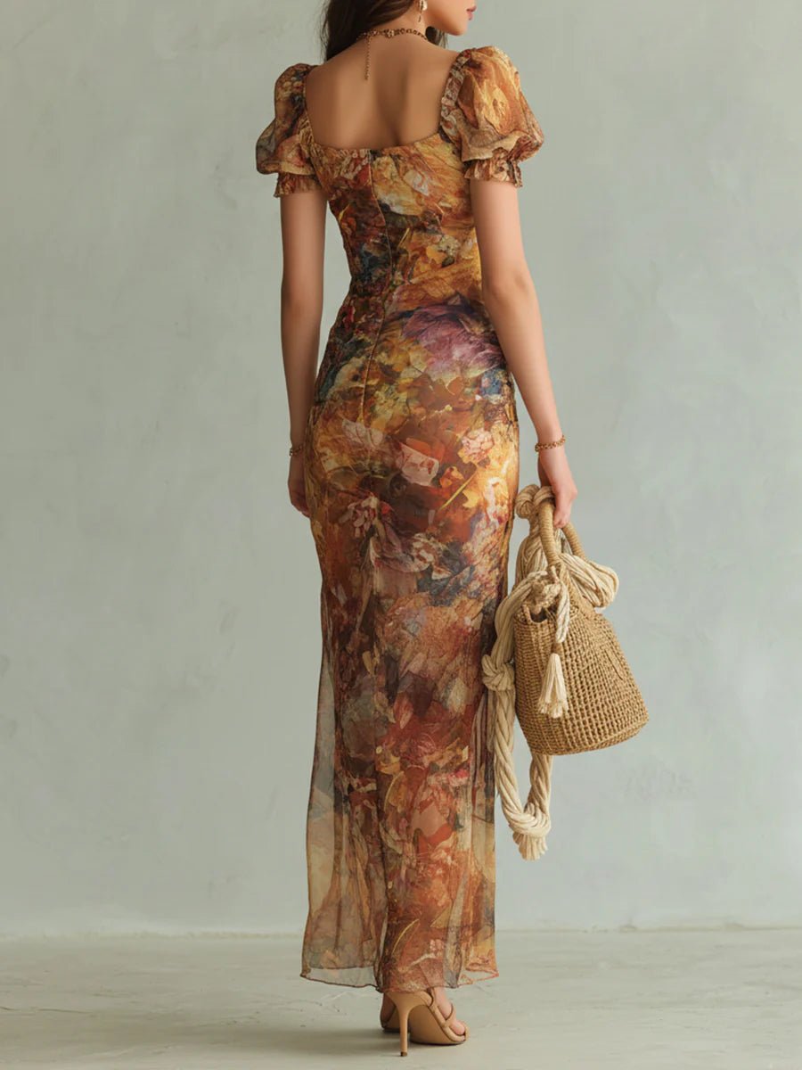 Ella | Women's Ruffle Sweetheart Chiffon Boho Maxi Dress Gown with Ruched Floral for Wedding Guest