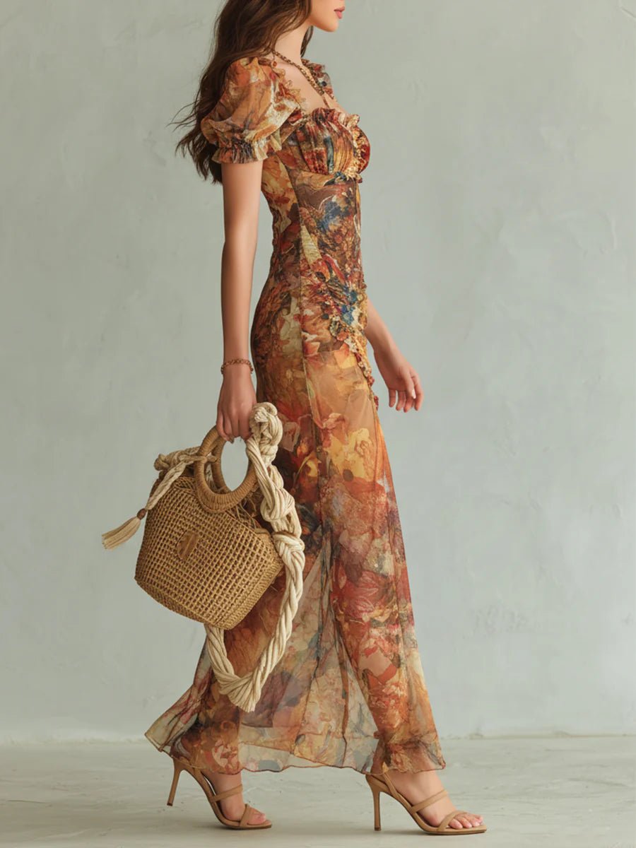 Ella | Women's Ruffle Sweetheart Chiffon Boho Maxi Dress Gown with Ruched Floral for Wedding Guest