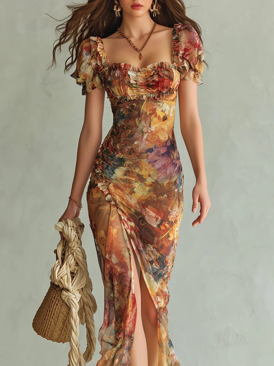 Ella | Women's Ruffle Sweetheart Chiffon Boho Maxi Dress Gown with Ruched Floral for Wedding Guest