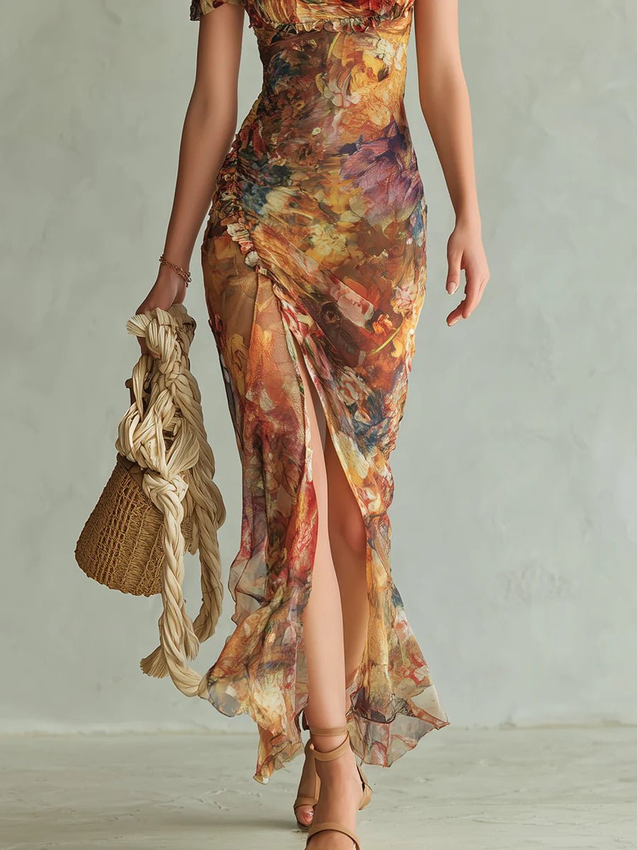 Ella | Women's Ruffle Sweetheart Chiffon Boho Maxi Dress Gown with Ruched Floral for Wedding Guest
