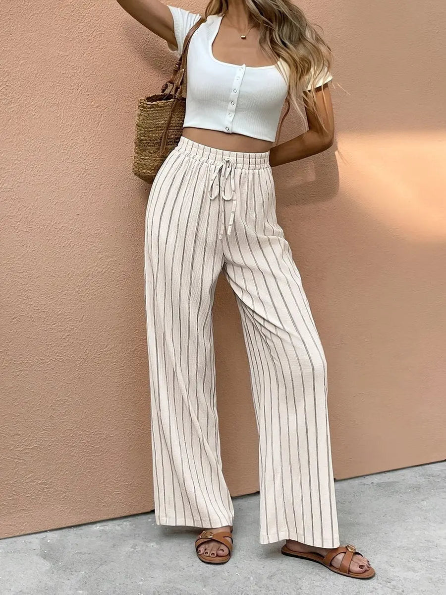 Marit | Women's Striped Linen Wide Leg Pants Elasticated Drawstring Waist for Summer