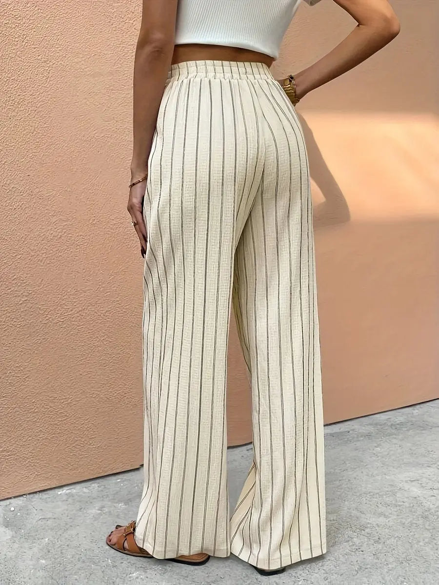 Marit | Women's Striped Linen Wide Leg Pants Elasticated Drawstring Waist for Summer