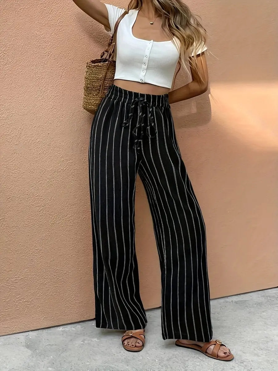 Marit | Women's Striped Linen Wide Leg Pants Elasticated Drawstring Waist for Summer