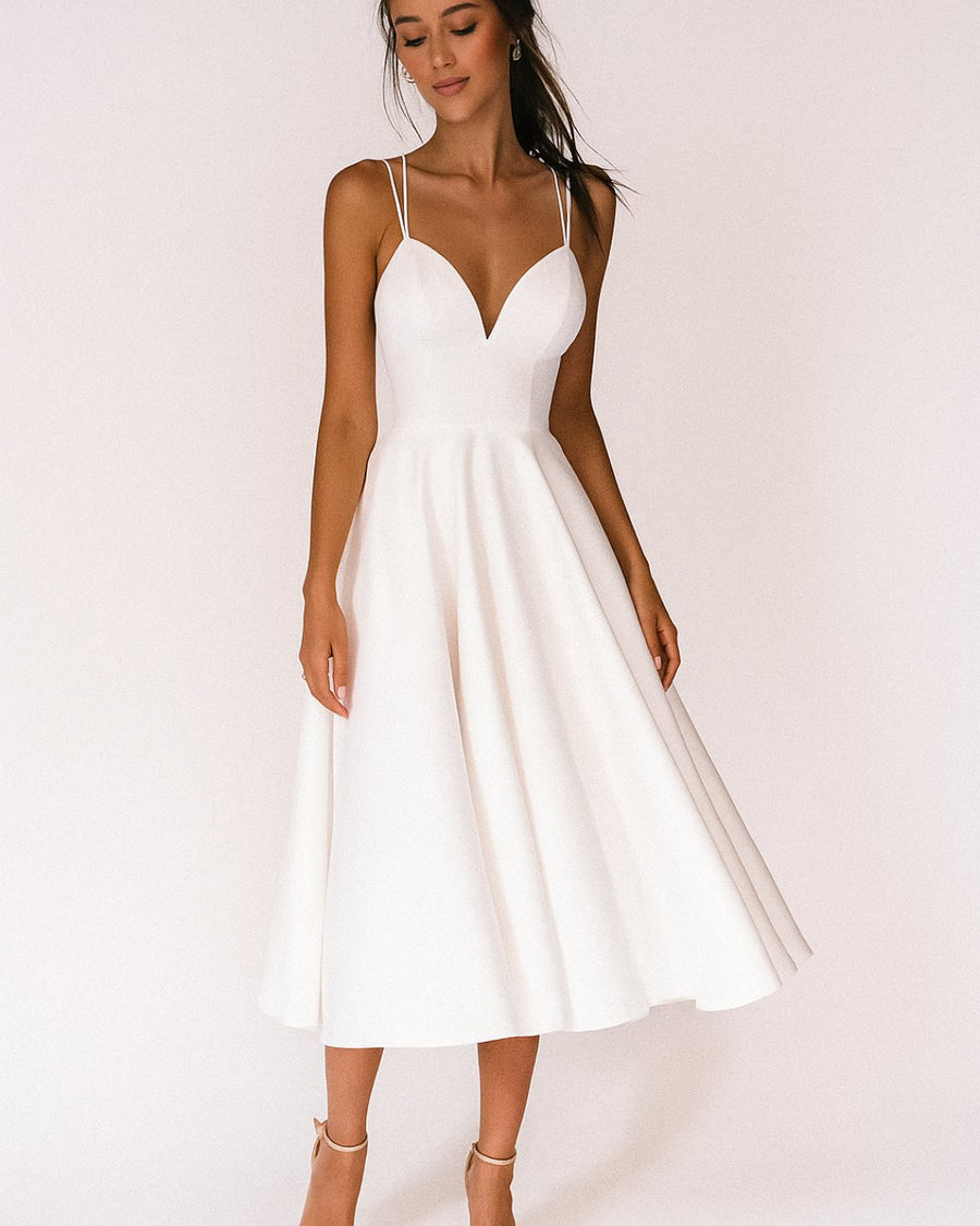 Tessa | Women's Sweetheart Midi Spaghetti Strap Wedding Guest Dress Gown with A-Line